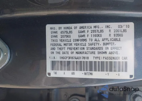 2010 Honda Accord 3.5 Ex-L z USA, uszkodzony, nr VIN 1HGCP3F87AA017818